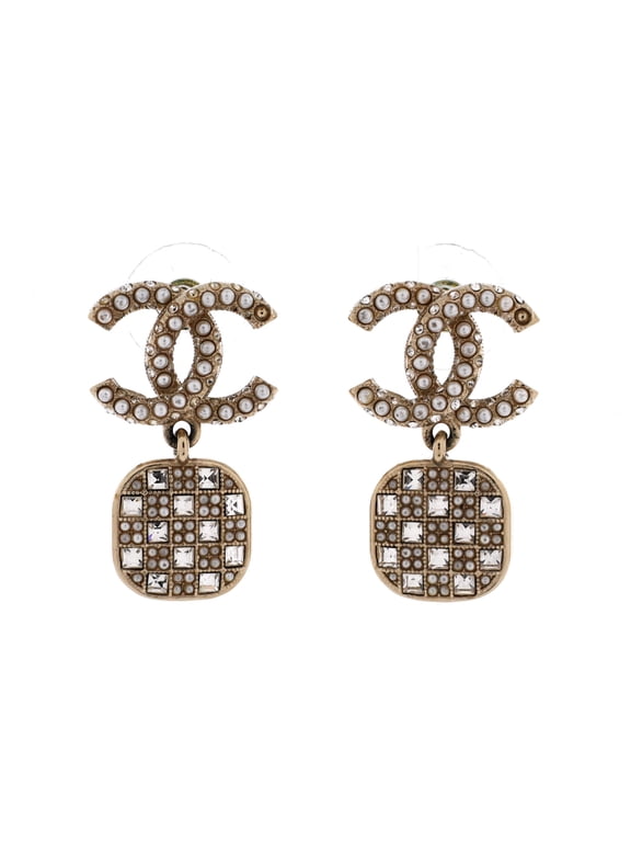 CC Square Drop Earrings Metal with Faux Pearls and Crystals By Rebag