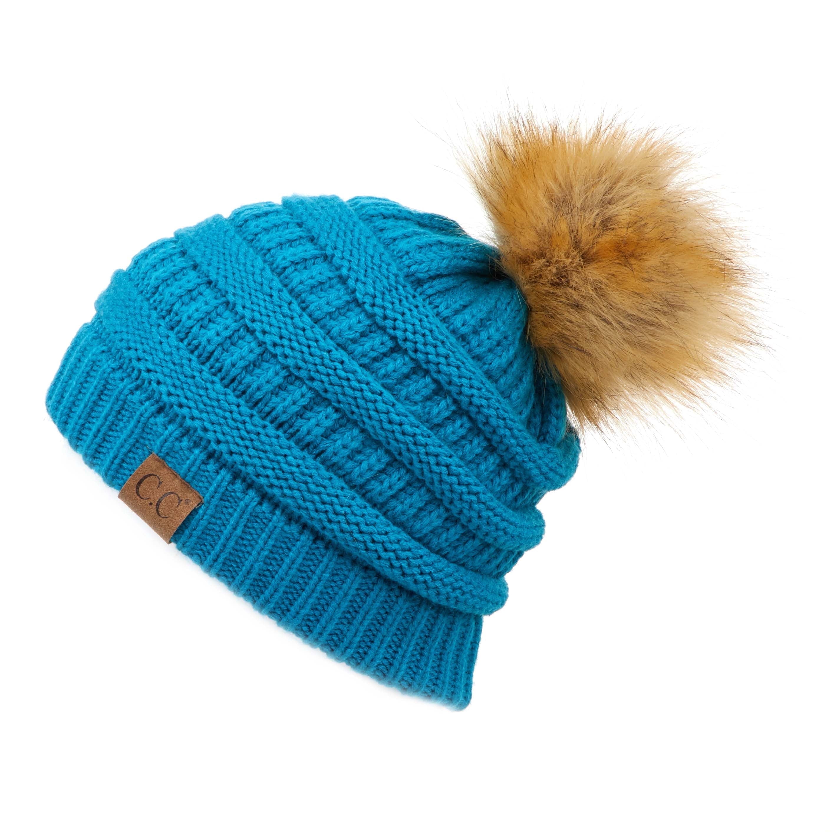 CC Exclusives Pom‎ Beanie Hat Two-Tone Acrylic Faux Fur Pompom Teal Tan New Kids Bucket Hats - Truly Contagious main image 4