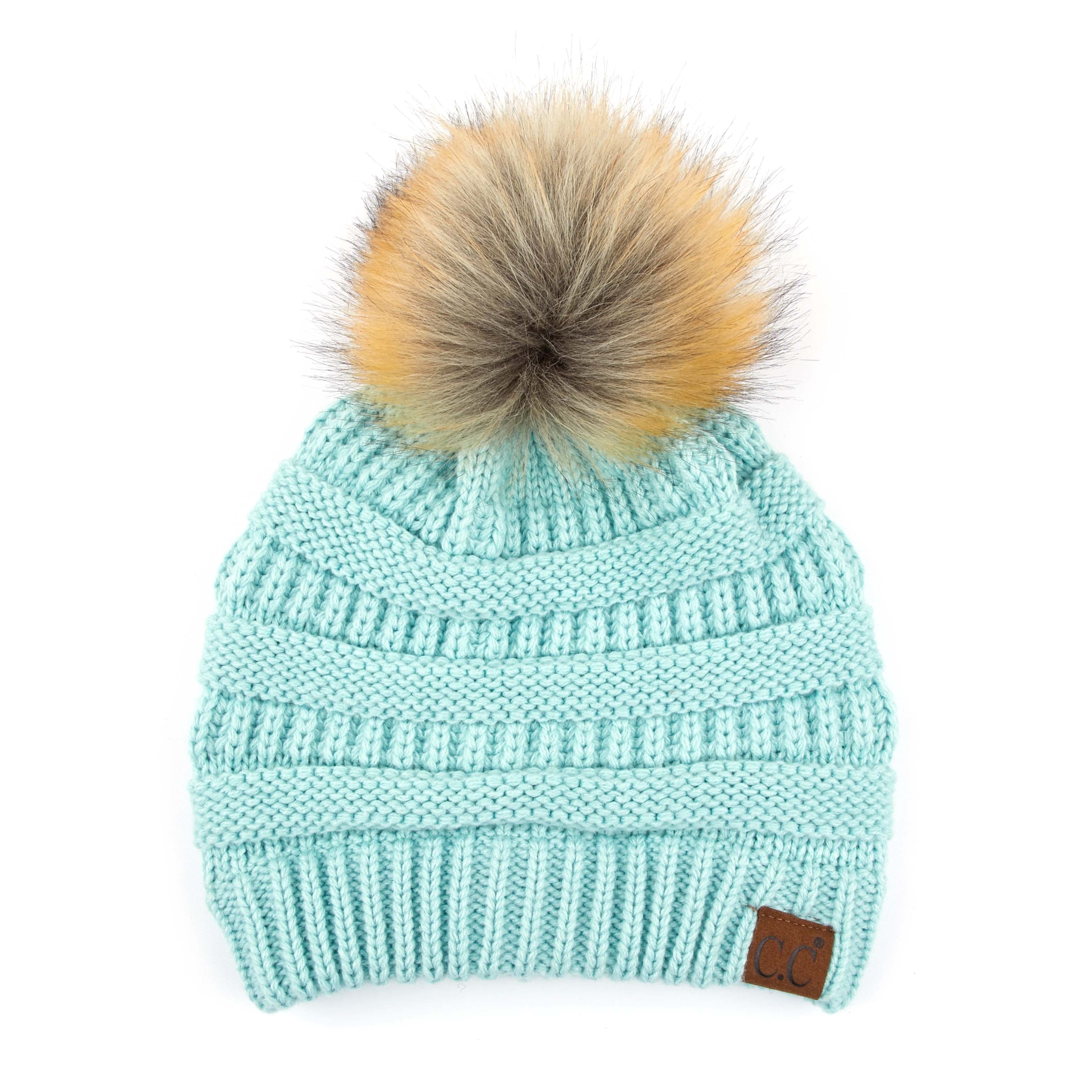 CC Exclusives Pom‎ Beanie Hat Two-Tone Acrylic Faux Fur Pompom Teal Tan New Kids Bucket Hats - Truly Contagious main image 3