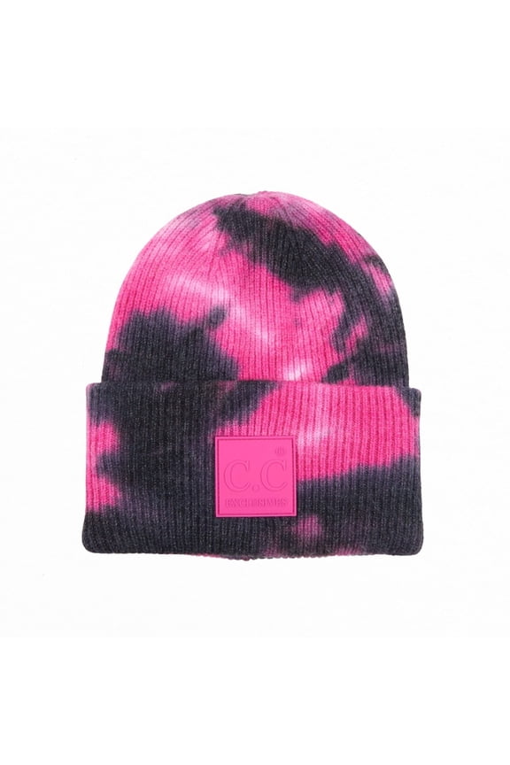 Tie Dye Knit Beanie, Black Hot Pink