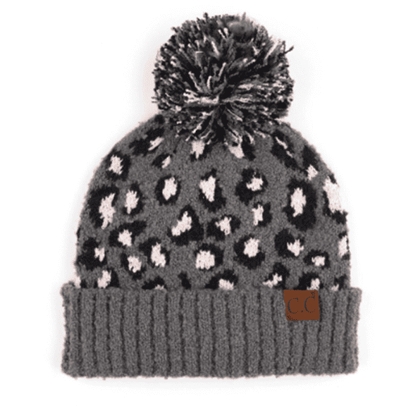 CC Woman's Pom Pom Beanie Animal Print Grey Pink Winter Hat
