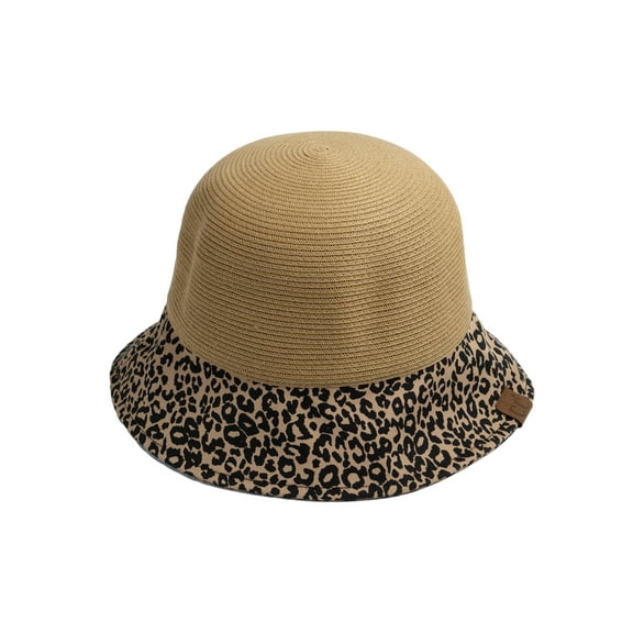CC Womens Leopard Print Cloche Staw Bucket Hat, Dark Natural
