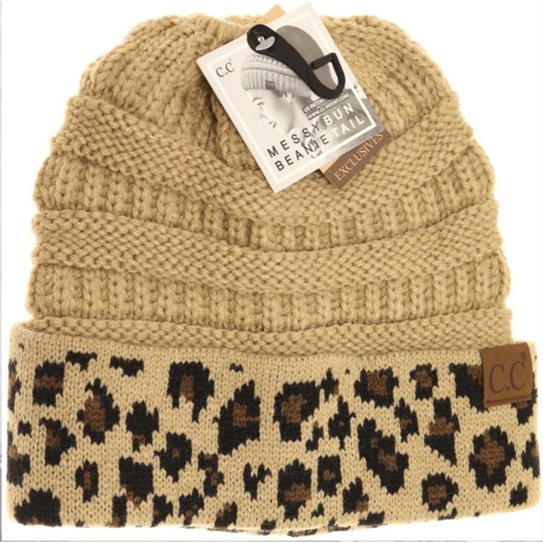 CC Womens Tan Beanie Messy Bun Ponytail Beanie Animal Print  display picture 1