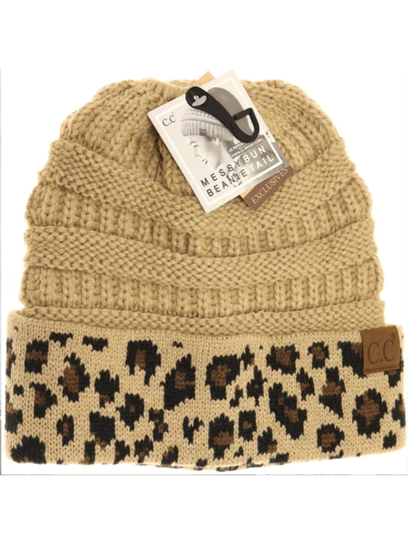 CC Womens Tan Beanie Messy Bun Ponytail Beanie Animal Print Trim One Size