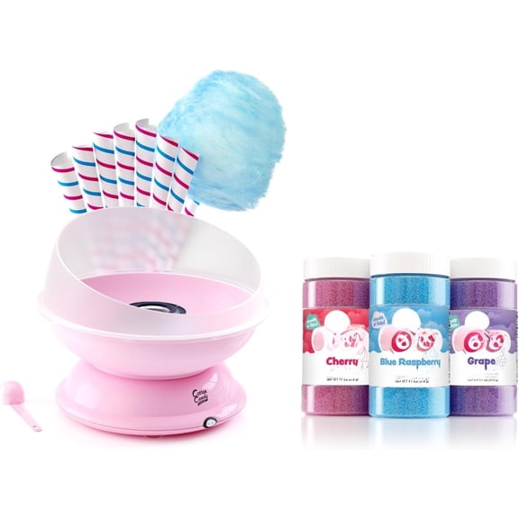 CC1000-S Machine, with 3 - 11oz. Jars of Cherry, Grape, Blue Raspberry, Orange, Vanilla Floss Sugar & 50 Paper Cones Easy to Use and Clean