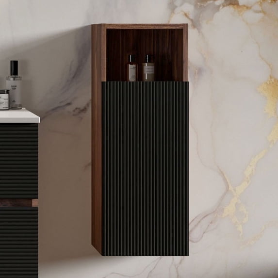 CITTANEO Floating Bathroom Side Cabinet Black & Walnut , Wall-mounted Storage Cabinet for Small Space, KD