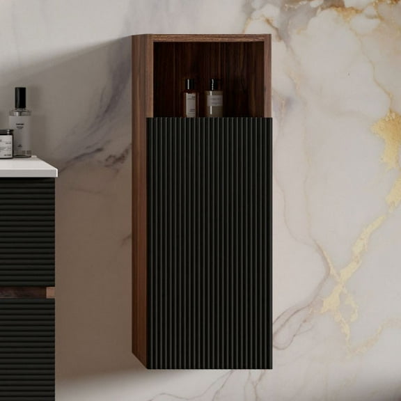 CITTANEO Floating Bathroom Side Cabinet Black & Walnut , Wall-mounted Storage Cabinet for Small Space, KD
