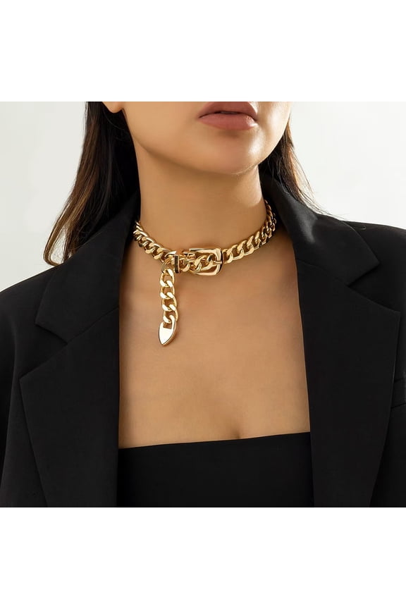 CCB Belt Buckle Choker Necklaces Cuban Punk Gothic Hip-hop Exaggerated Necklaces Golden 18.31 inch(46.5cm)