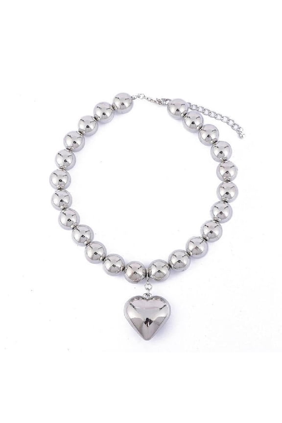 CCB Big Ball Beads Necklace with Heart Pendant Clavicle Chain Exaggerated Choker