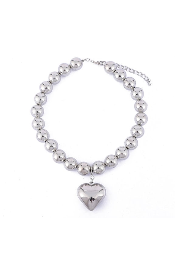 CCB Big Beads Necklace with Heart Pendant Clavicle Chain Exaggerated Adjustable Choker Adornment Jewelry for Women