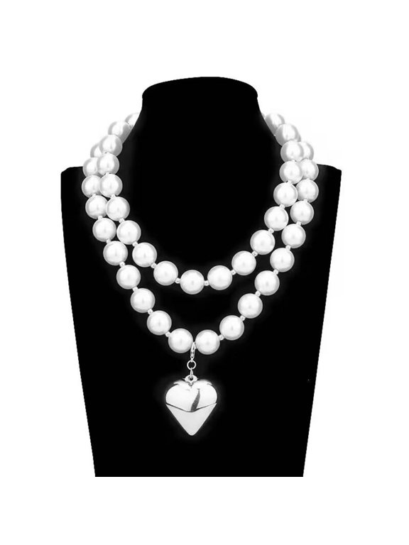 CCB Big Beads Necklace with Heart Pendant Clavicle Chain Exaggerated Adjustable Choker Adornment Jewelry for Women