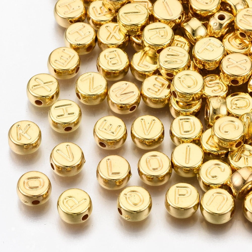 CCB Plastic Beads Horizontal Hole Flat Round with Letter Golden 7x4mm Hole: 1.8mm about 3300pcs/500g