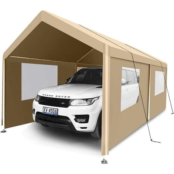 CCBEKIIM 10x20 Carport, Heavy Duty Car Port/Car Tent with Removable Sidewalls, Portable Canopy Tent for SUV, Car, Truck, Boat, Motorcycle Shelter (Beige)