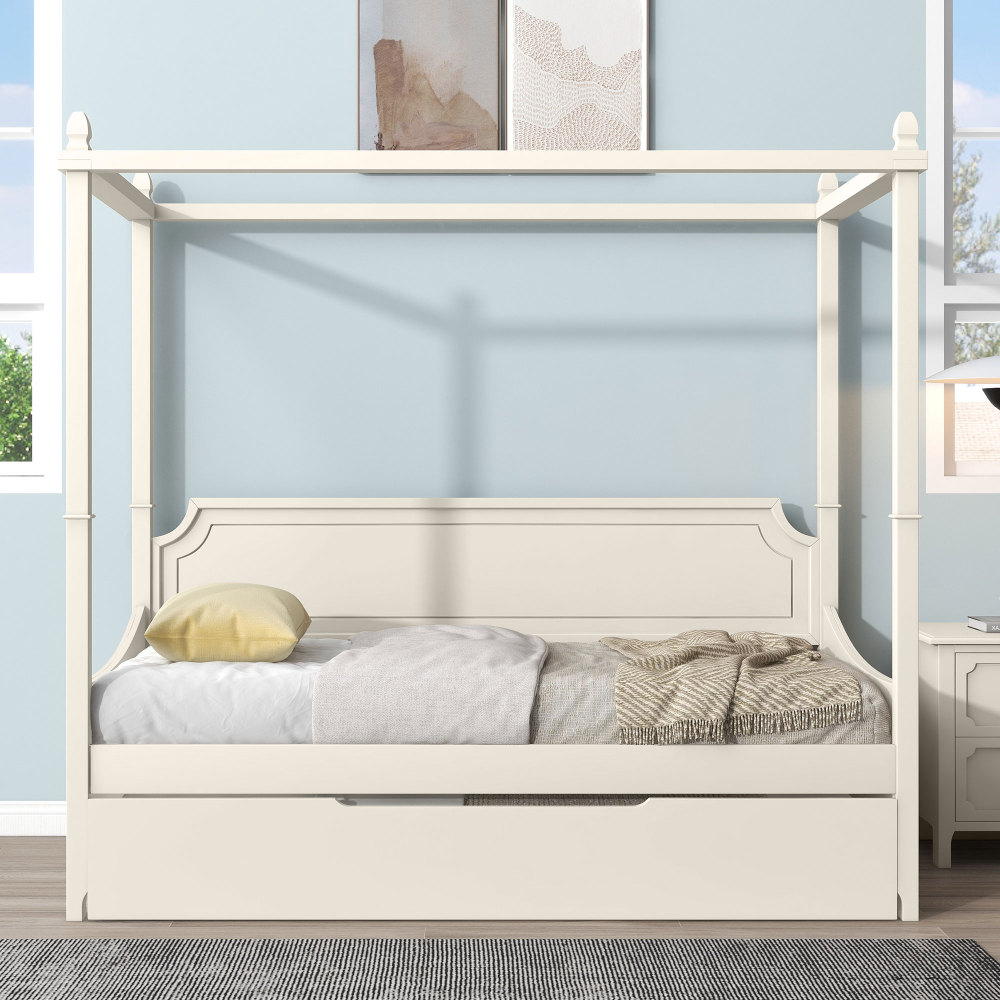 CCBUY Canopy Daybed with Trundle, Twin Size Pull Out Bed, Solid Wood