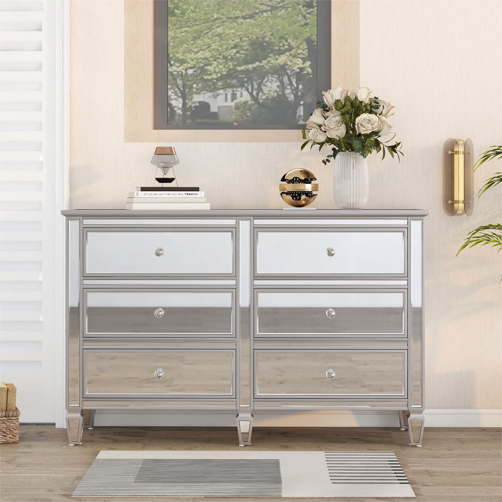 CCBUY Elegant 6 Drawer Mirrored Dresser, Glass Dresser & Chest of Drawers for Bedroom, Silver