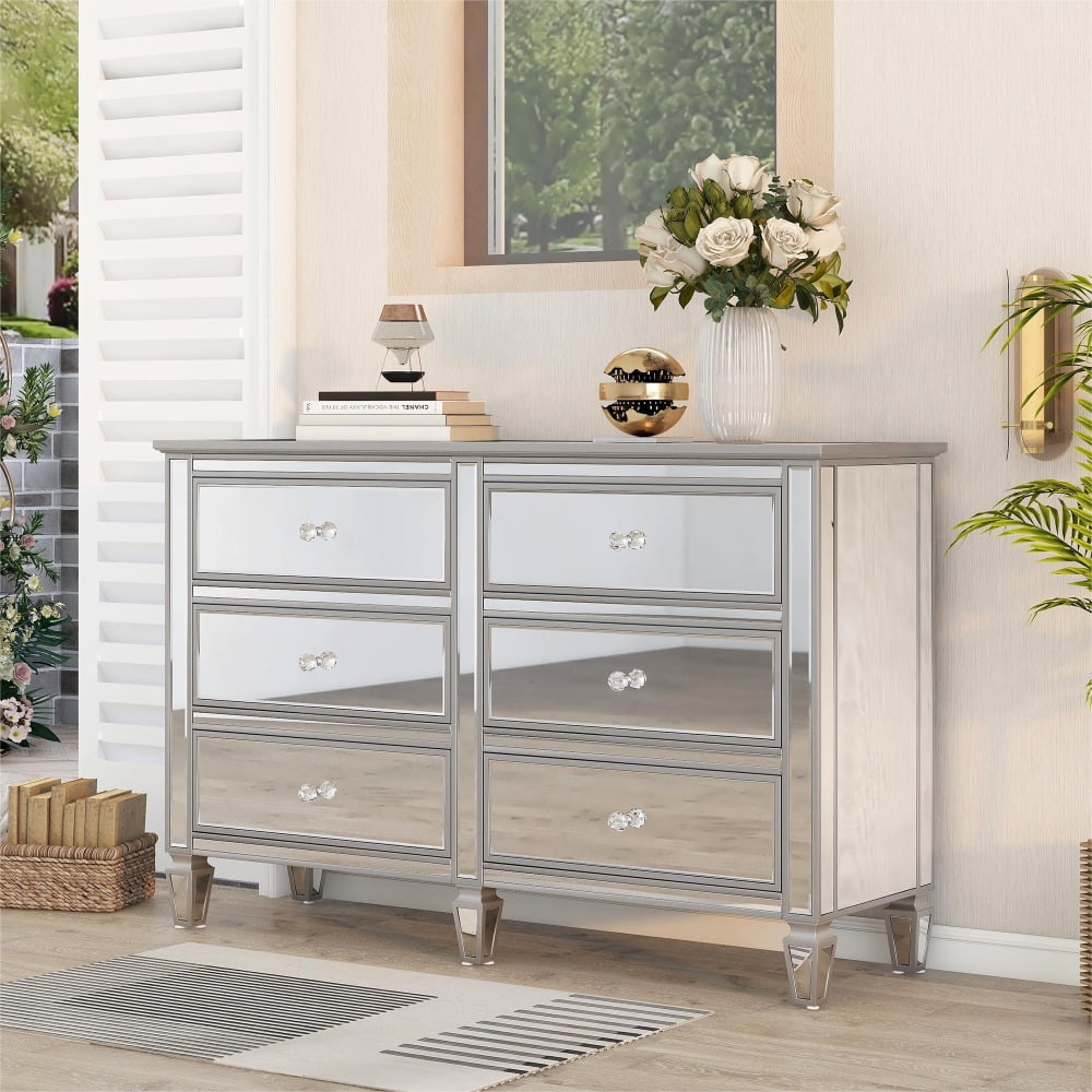CCBUY Elegant 6 Drawer Mirrored Dresser, Glass Dresser & Chest of Drawers for Bedroom, Silver Finished Storage Cabinet with Crystal Knobs, Easy CCBUY Elegant 6 Drawer Mirrored Dresser, Glass Dresser & Chest of Drawers for Bedroom, Silver Finished Storage Cabinet with Crystal Knobs, Easy
