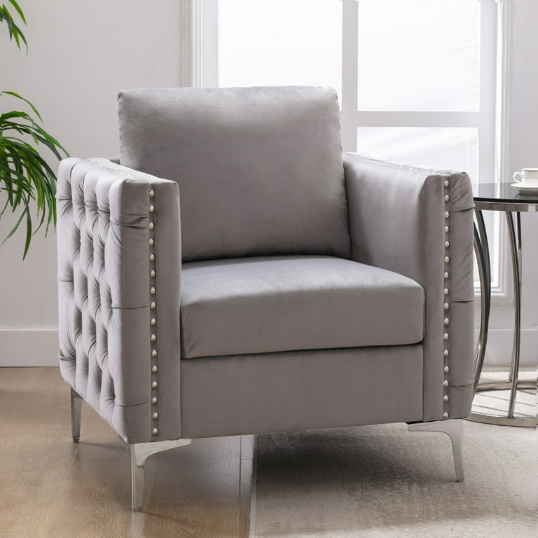 CCBUY Living Room Accent Chairs Velvet Club Chair Single Sofa Chair with Upholstered Tufted Button Silver Metal Legs Modern Armchair for Bedroom