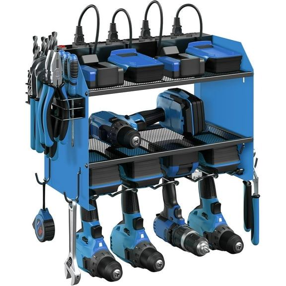 CCCEI Modular Power Tool Organizer Wall Mount with Charging Station. Garage Drill Storage Shelf with Hooks, Heavy Duty Rack, Tool Battery Holder Built in 8 Outlet. Gift for Men. Red, 1 Pack.