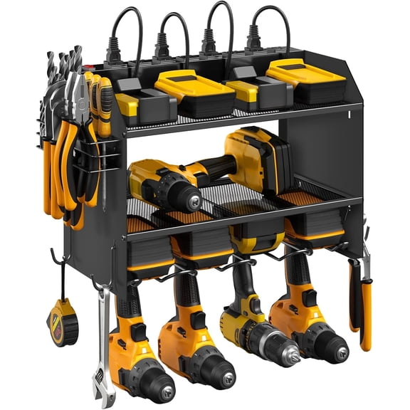 Modular Power Tool Organizer Wall Mount with Charging Station. Garage Drill Storage Shelf with Hooks, Heavy Duty Rack, Tool Battery Holder Built in 8 Outlet. Gift for Men. Red, 1 Pack.