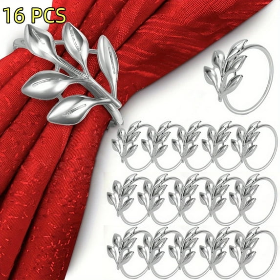 CCF Leaf Napkin Rings Set, 16pcs Metal Napkin Ring Holder Buckles for Table Decorations, Wedding, Dinner (Silver)