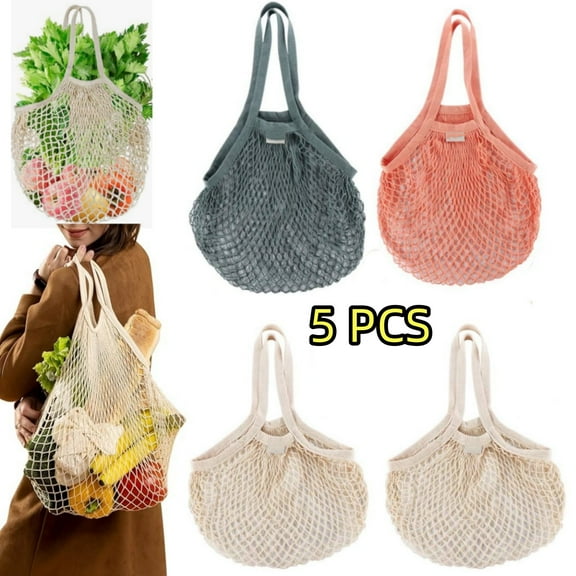 CCF Mesh Produce Bags, 5pcs Reusable Grocery Bag Washable Farmers Market Shopping Bag with Long Handle for Vegetables Fruit