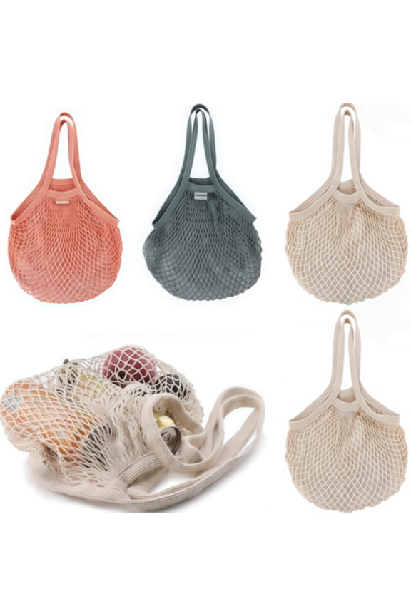 CCF Reusable Cotton Mesh Grocery Bags，Long Handle Net Tote String Bag for Farmers Market Shopping 5 Pack