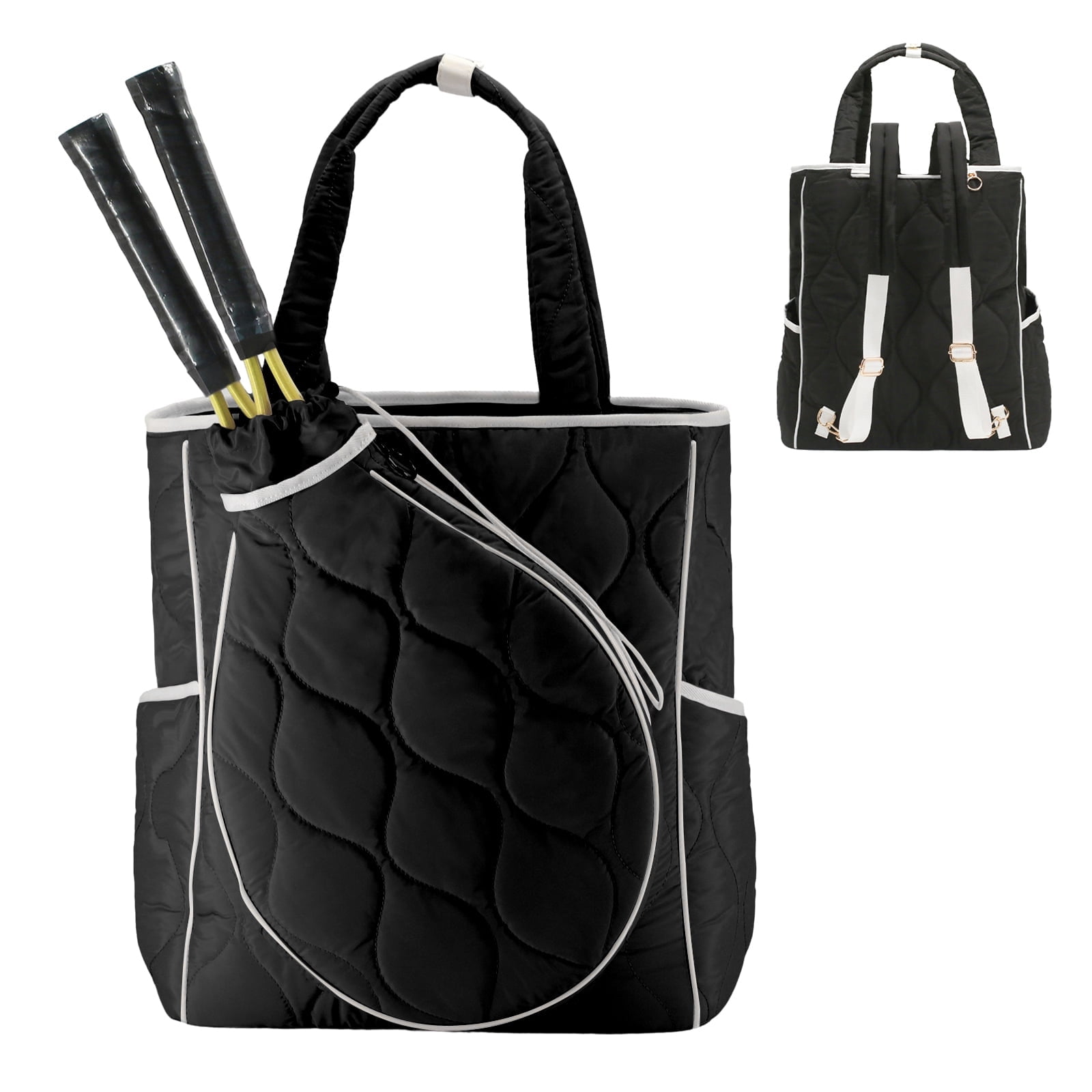 CCGTIOR 2-in-1 Tennis Tote Bag & Tennis Racket Backpack – Extra-Large Quilted Pickleball Racquet Bags, Water-Resistant & Lightweight for Men & Women (Black)