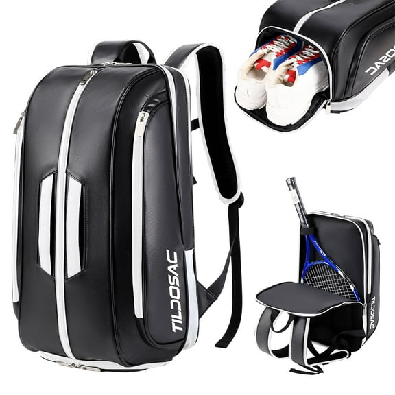 CCGTIOR Multi-Use Beach Tennis Bag For Sport Convertible Padel Backpack - Laptop Sleeve, Ball Sleeve, Fence Hook, Easy Access,Shoe Compartment (Black-White)