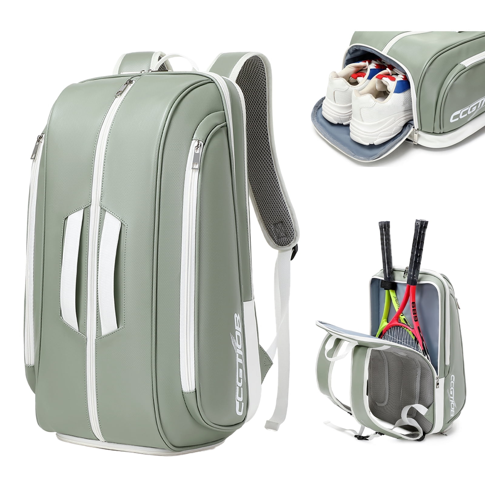 CCGTIOR Multi-Use Beach Tennis Bag For Sport Convertible Padel Backpack - Laptop Sleeve, Ball Sleeve, Fence Hook, Easy Access,Shoe Compartment (Green)