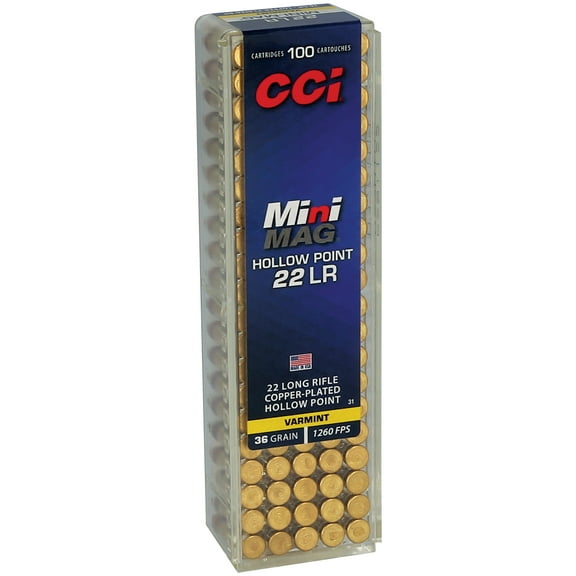 CCI Mini-Mag HP, 22 LR, 36 gr, Jacketed Hollow Point, 1260 fps, 100 Count