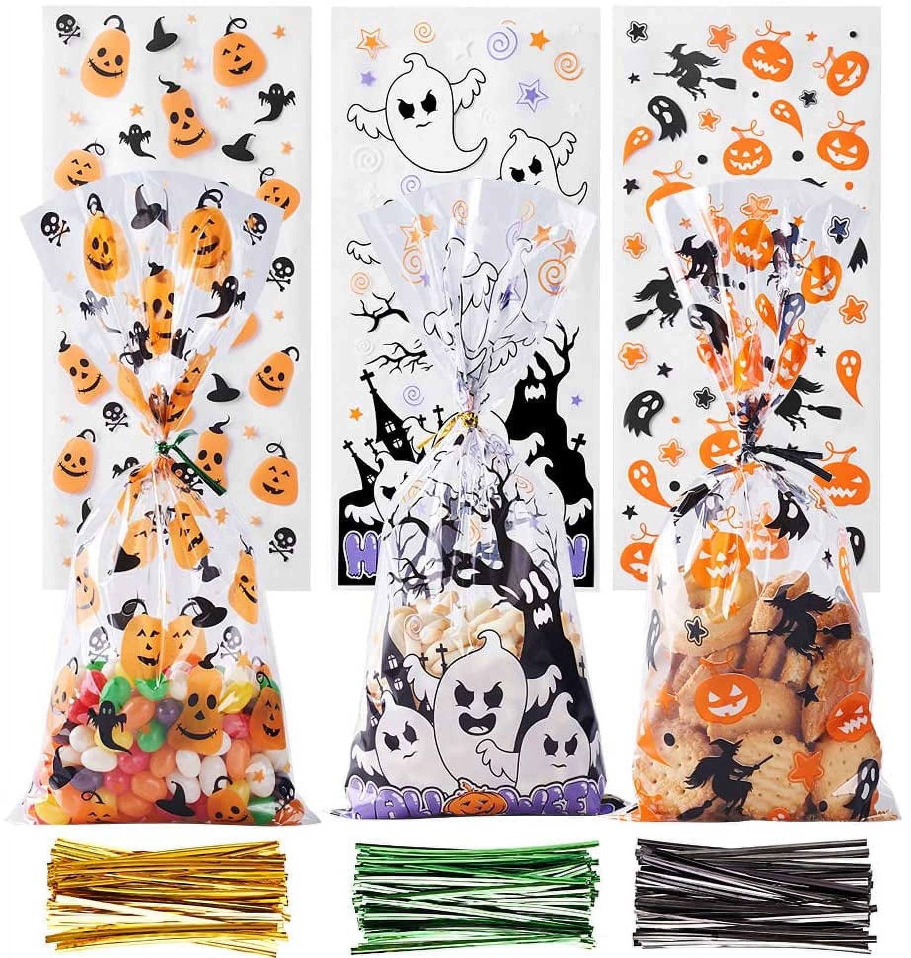 CCINEE 150pcs Halloween Cellophane Treat Bags with 300pcs Twists for Snacks Cookies Packing