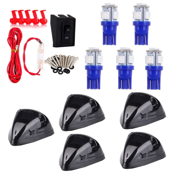 CCIYU 5x Black Smoked Cab Roof Top Marker Running Lamps w/Blue LED Light Bulbs +1 Set Wiring Pack Switch Wire Harness Replacement fit for Cab mark Clearance Top Light