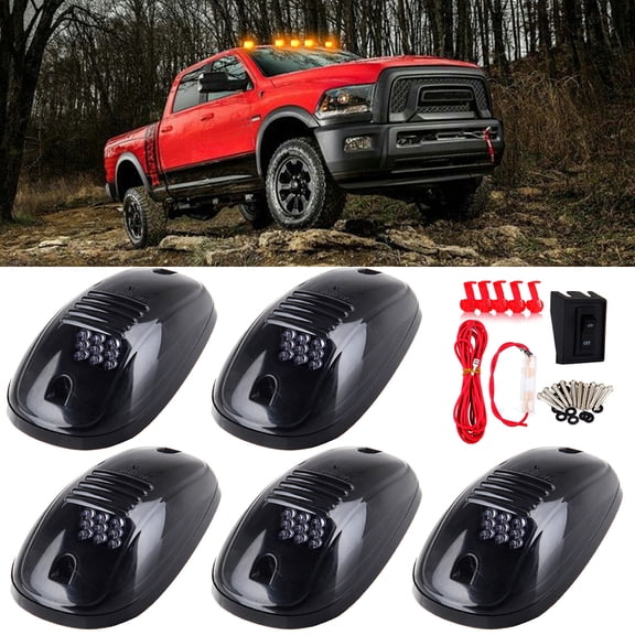 CCIYU 5x Smoked Amber LED Cab Roof Running Marker Lights + 1 Set Wiring Pack Switch Assembly Wire Harness Replacement fit for Truck SUV