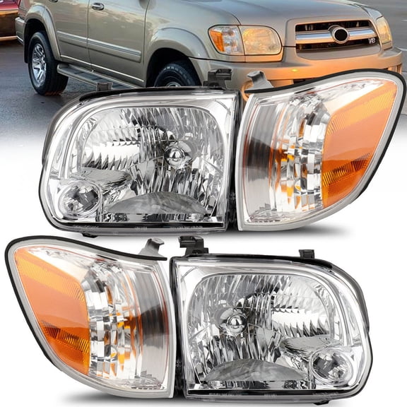 CCIYU headlights assembly For Toyota Sequoia 2005-2007 For Toyota Tundra 2005-2006 With protective coating Chrome Housing Amber Reflector Clear Lens