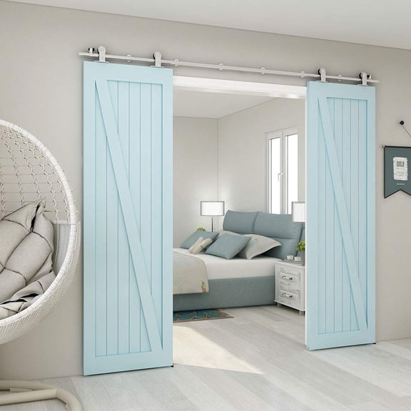 CCJH 10.5 FT Stainless Steel Sliding Door Hardware Kit, Top Mount Wooden Door Hardware for Double Door, Fit 31.5" Wide Door Panel, J Style