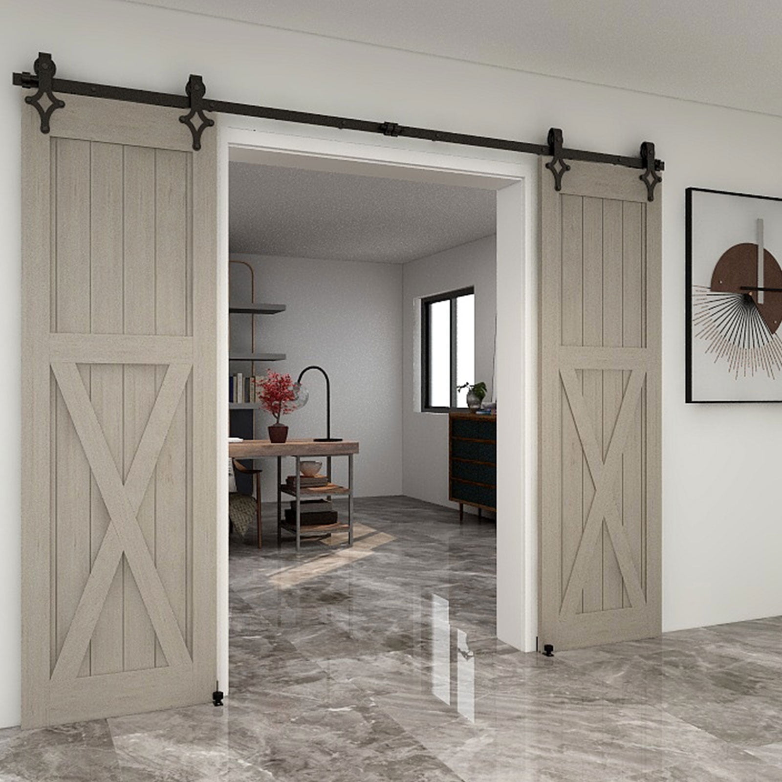 CCJH 17 FT Sliding Barn Door Hardware Track Kit Fit Max 102" Wide Door Double Door Hanging Rail Anchor Style Black