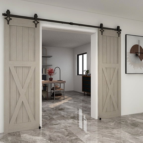 CCJH 11 FT Sliding Barn Door Hardware Track Kit & Barn Door Floor Guide Heavy Duty Sturdy Smoothly and Quietly Fit Max 33" Wide Door Double Door Hanging Rail