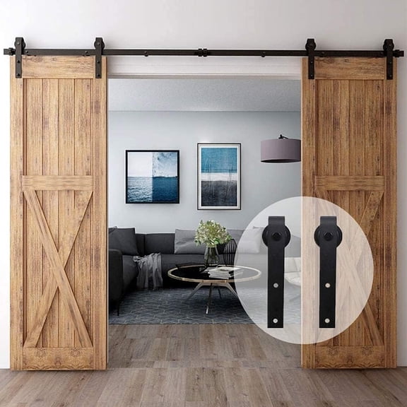 CCJH 14.5FT Sliding Barn Door Hardware Kit, Heavy Duty, Smoothly and Quietly, Easy to Install, Fit 43.5" Width Double Door Panel, Basic Style Hangers Black 14.5FT Rail for Two Doors J Shape Hanger