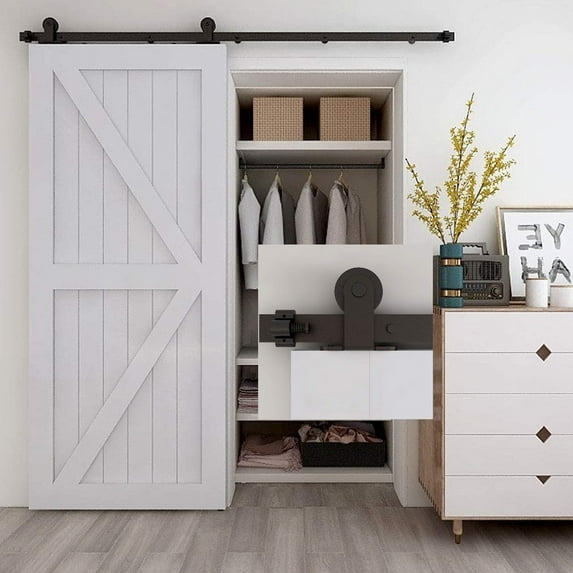 CCJH 19FT Sliding Barn Door Hardware Kit Fit 114" Width Single Wooden Door T-Shaped Black