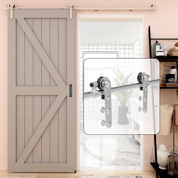 CCJH 4-20ft Stainless Sliding Barn Door Hardware Kit for Single Door Round Head Sliver