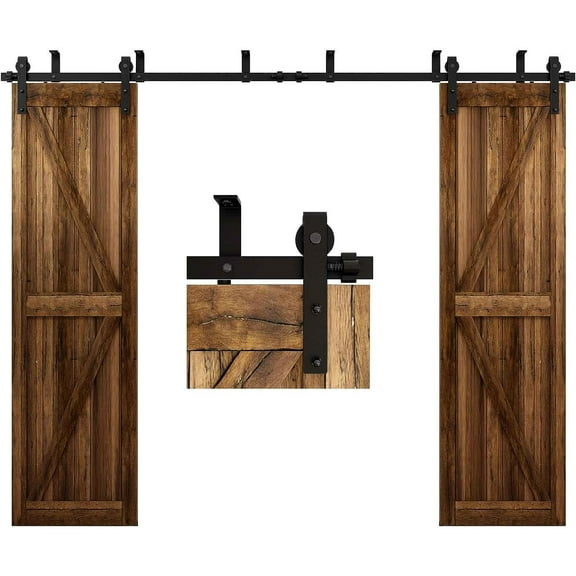 CCJH 4FT Heavy Duty Sturdy Ceiling Mount Sliding Barn Double Door Hardware Track Kit Black (J Shape Hangers Set)