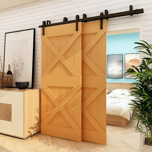 CCJH 6FT Bypass Sliding Barn Door Hardware Kit Double Track Low Ceiling Heavy Duty for Double Wooden Doors, Basic Hanger