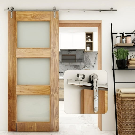 CCJH 7.5ft Stainless Sliding Barn Door Hardware Kit for 45" Single Door Round Head Sliver