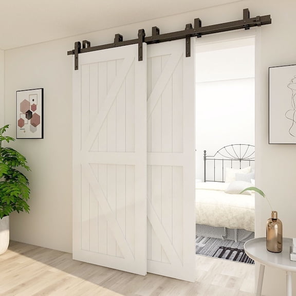 CCJH 7FT Bypass Double Door Matte Black Steel Barn Door Hardware Kit 2 Pieces