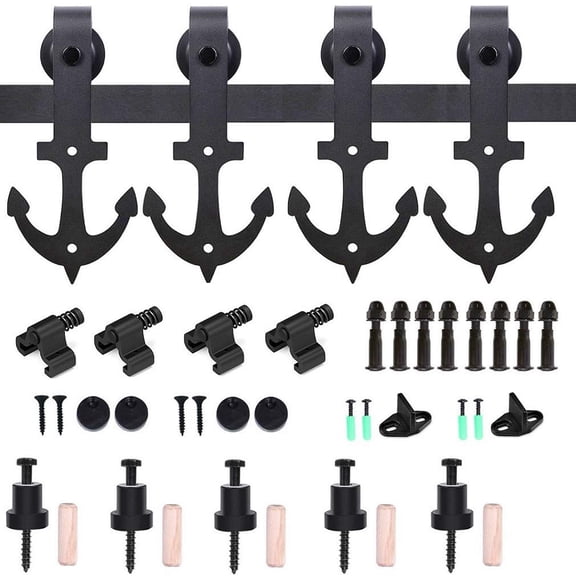 CCJH 8 FT Sliding Barn Door Hardware Track Kit Fit Max 48" Wide Door Double Door Hanging Rail Anchor Style Black