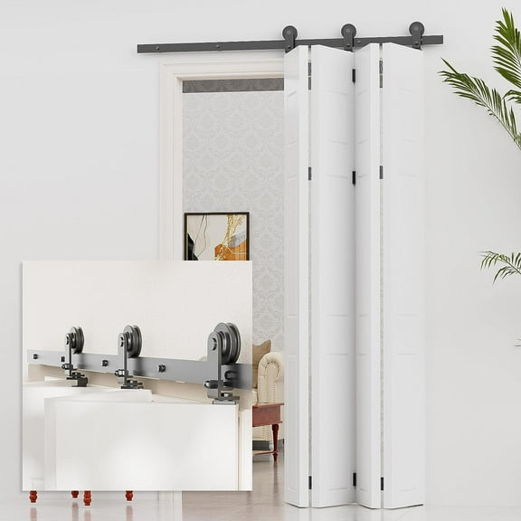 CCJH 80" Bi-Folding Barn Door Hardware Track Kit Suitable for 4 Panels Doors,New Accordion Style,Sturdy&Smoothly,Easy Install(Door Not Included)