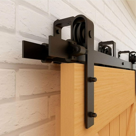 CCJH 8FT Bypass Sliding Barn Door Hardware Kit Double Track Low Ceiling Heavy Duty for Double Wooden Doors, Basic Hanger