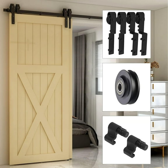 CCJH 8FT Bypass Sliding Barn Door Hardware Kit Upgraded Heavy Duty Single Track for Double Doors, Fit 1 3/16" - 1 9/16" Thickness Door Panel, Black (J-Shaped Hanger)