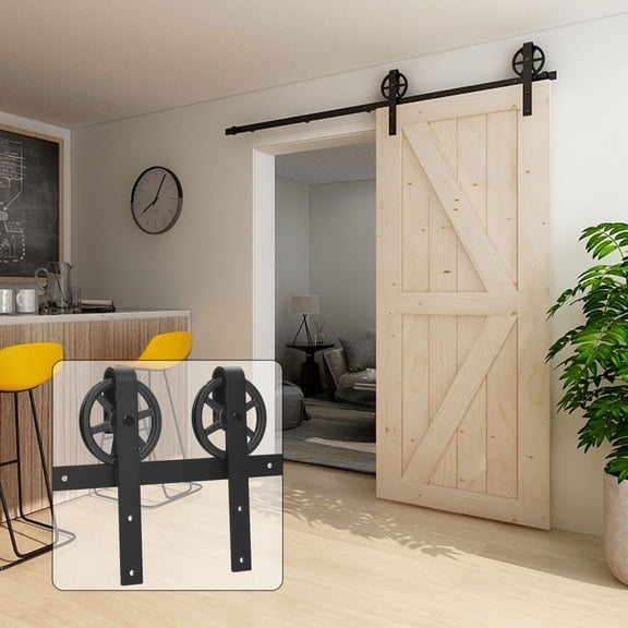 CCJH 8FT Sliding Barn Door Hardware Kit Fit 48" Single Door Big Rollers Flat Style Black
