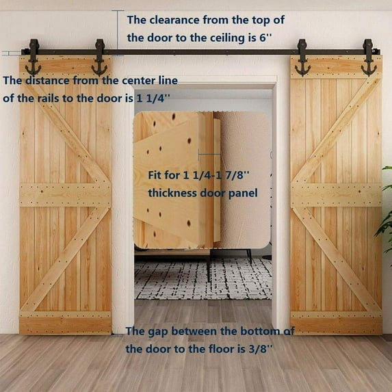 CCJH 9.6 FT Sliding Barn Door Hardware Track Kit Fit Max 57.6" Wide Door Double Door Hanging Rail Anchor Style Black